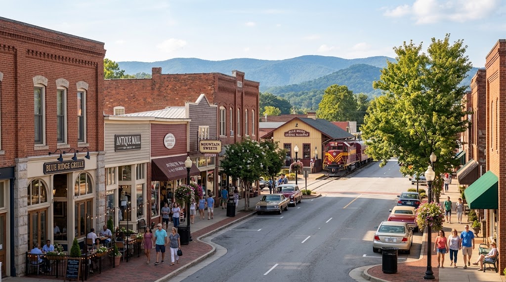 7 Must-try places to eat in Blue Ridge - Scenic view of historic downtown featuring local shops, the scenic railway train, and beautiful mountain views