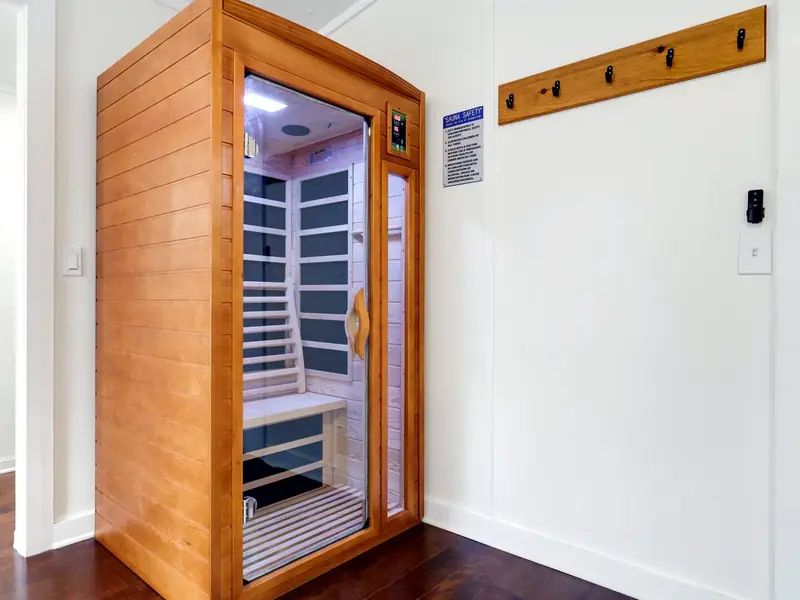 Private infrared sauna in the primary king suite at Casita on the Ridge in Blue Ridge, Georgia