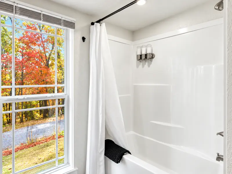 Primary bathroom shower and tub at Casita on the Ridge with autumn views in Blue Ridge, Georgia