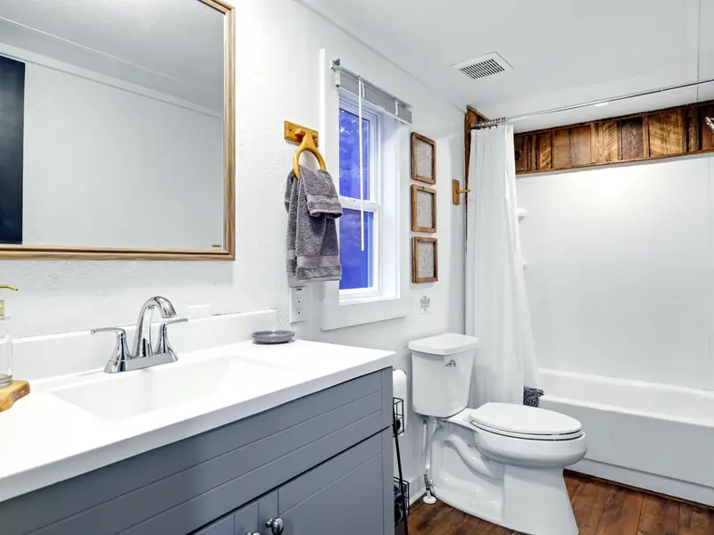 Second full bathroom with vanity and shower at Casita on the Ridge in Blue Ridge, Georgia