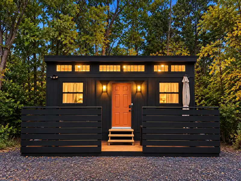 Exterior of Tiny on the Ridge surrounded by trees in Blue Ridge, Georgia